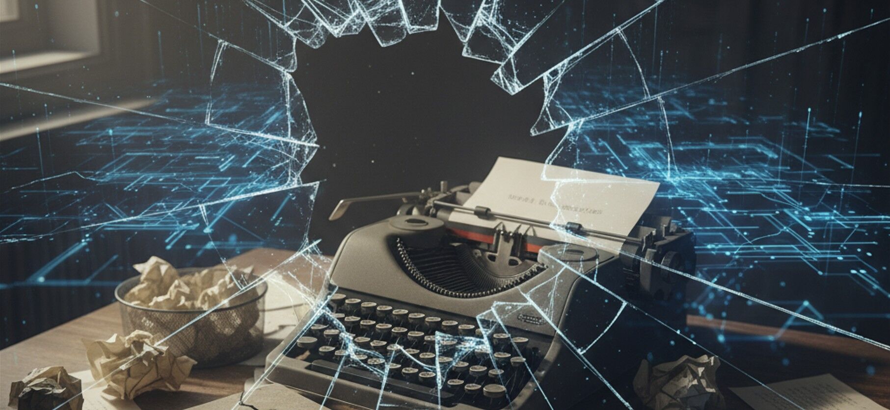AI generated content has taken over the world of SEO content shown with an exploding typewriter